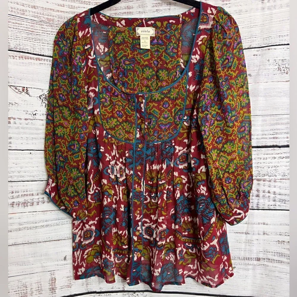 Viola Top Womens size Large chiffon Paisley boho button‎ up Sheer scoop Neck
